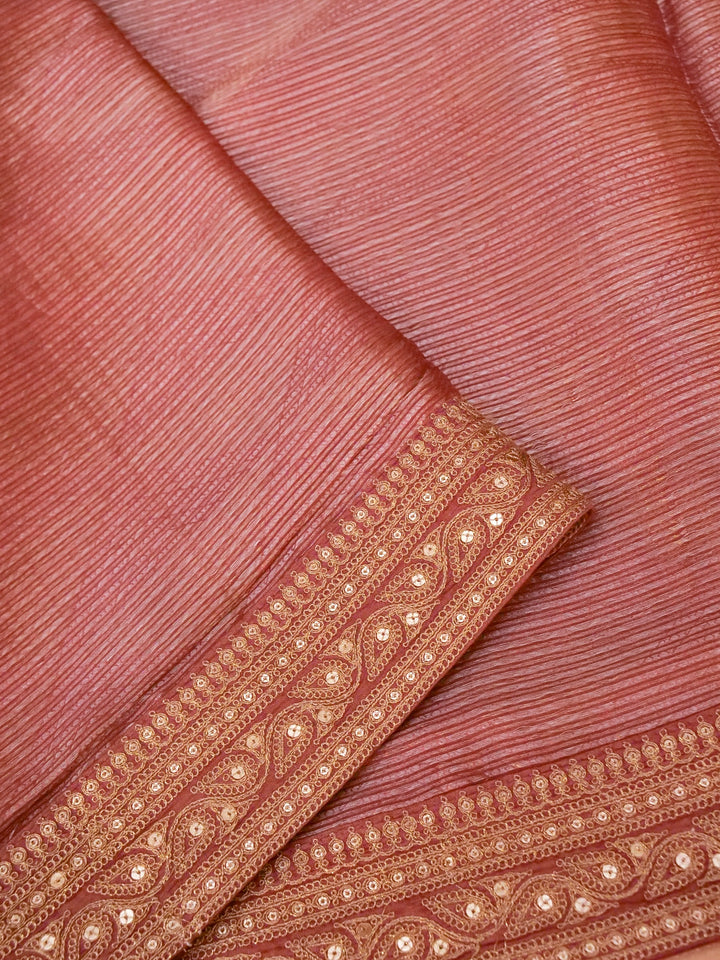 Onion Pink Sabyasachi Inspired Tissue Silk Saree with Silver Tissue Embroidery Blouse View 5