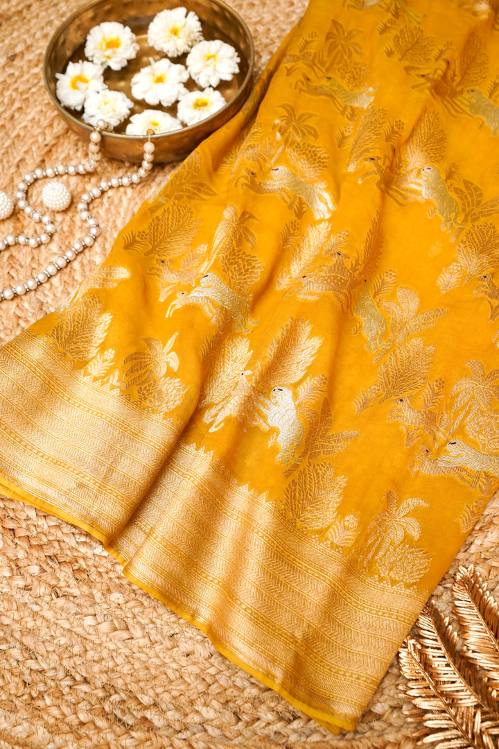 Yellow Pure Georgette Shikargah Saree for Haldi Wear