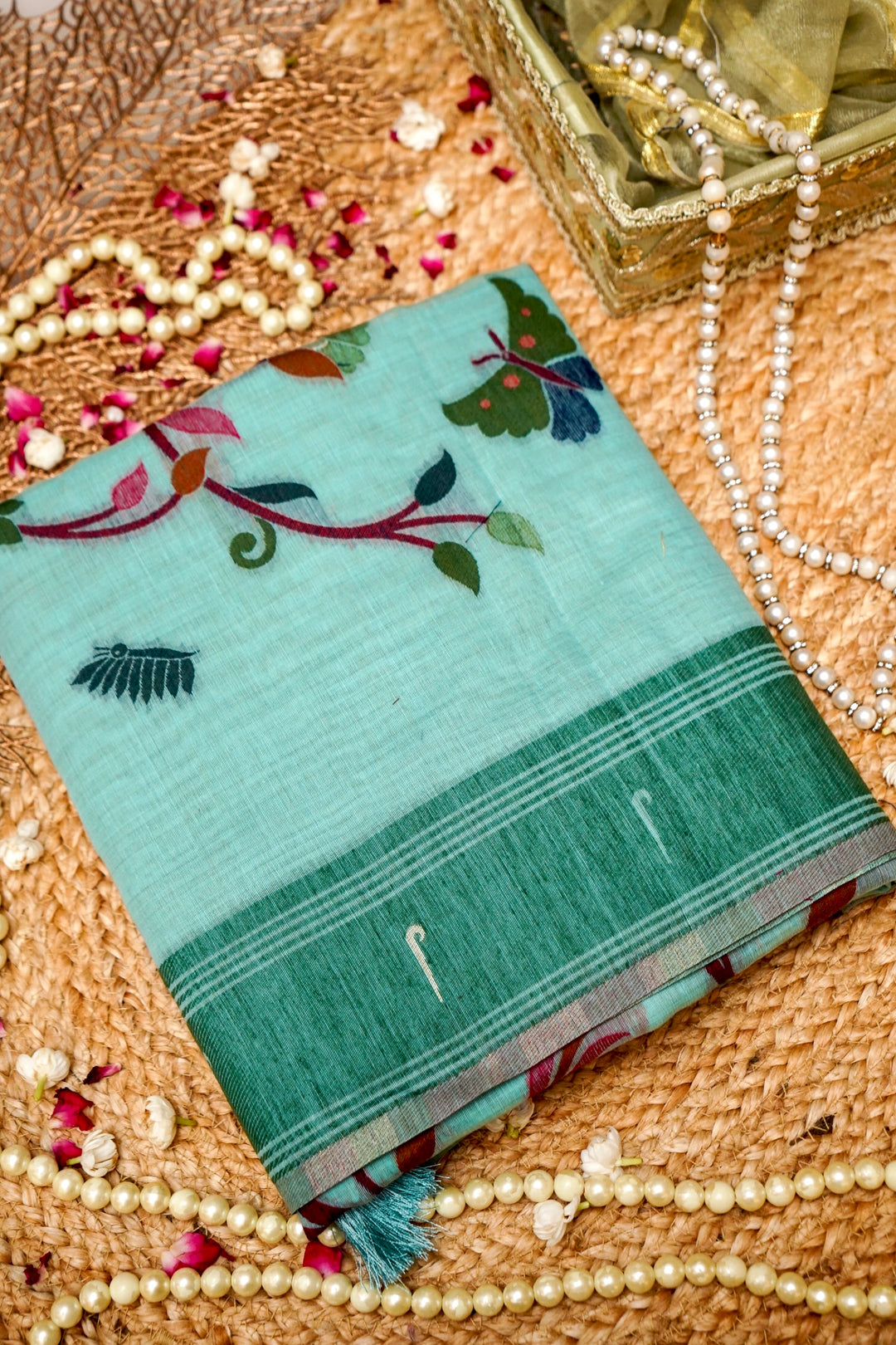 Graceful Sea Green Cotton Silk Saree with Zari Bootidar Weave Jamdani Inspired Pallu View 1