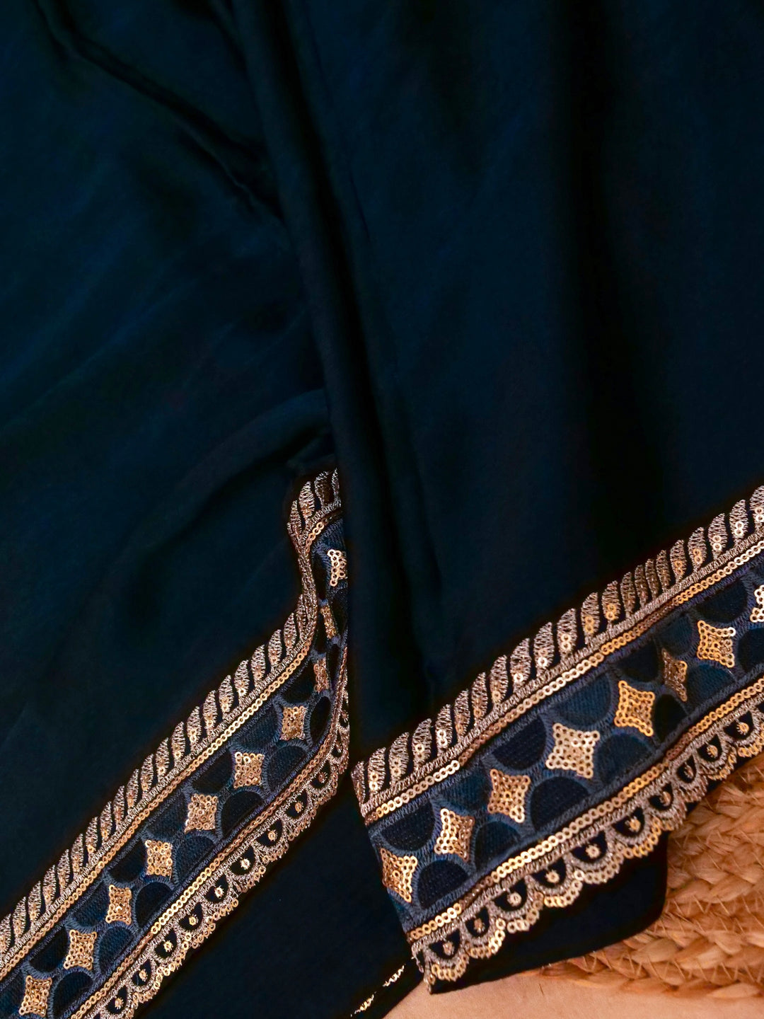 Teal Blue Sabyasachi Inspired Textured Pure Crepe Saree with Designer Border Heavy Embroidered Silk Blouse View 2