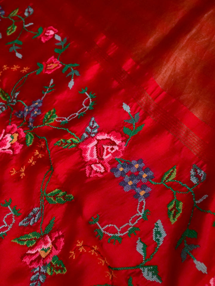 Handwoven Bridal Red Pure Silk Saree with Tissue Stripes Cross Stitch Hand Embroidery Border View 5