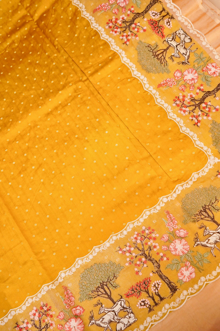 Haldi Ceremony Yellow Pure Handloom Chiniya Silk Saree with Appliqué Resham Embroidery