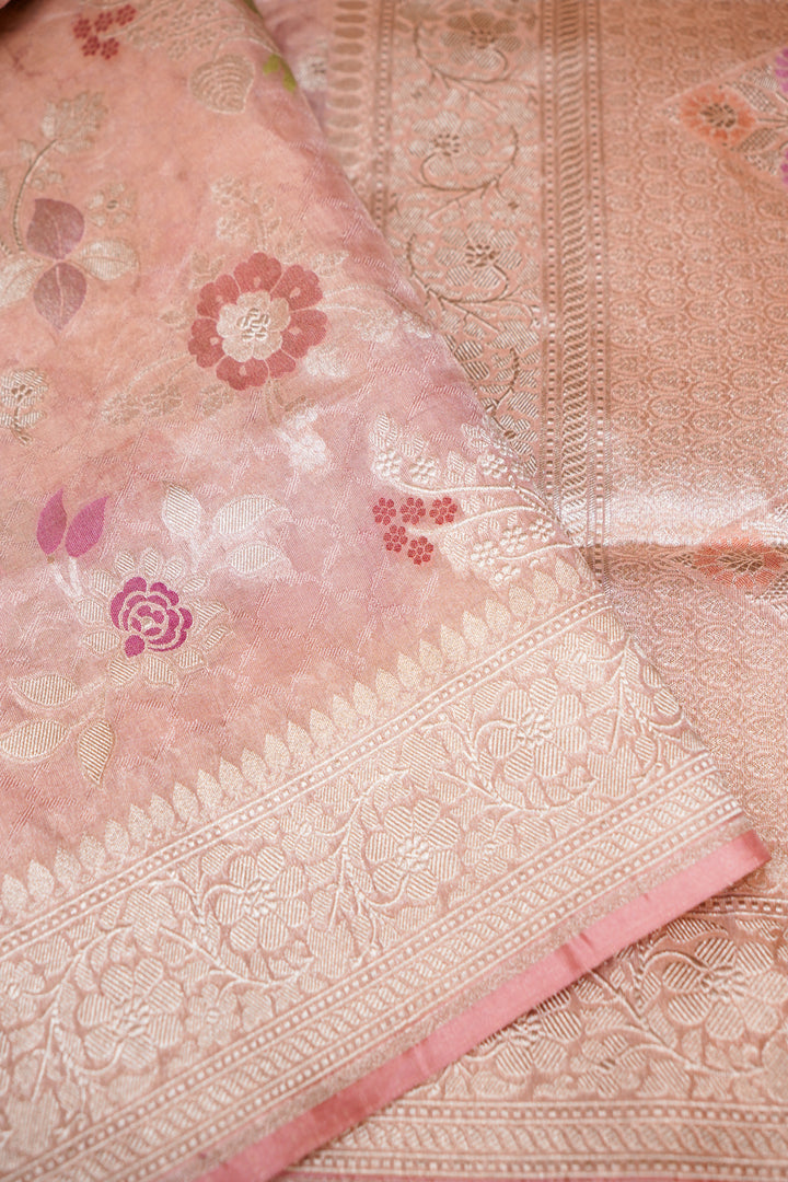 Rose Gold Handwoven Banarasi Pure Katan Tissue Silk Meenakari Saree