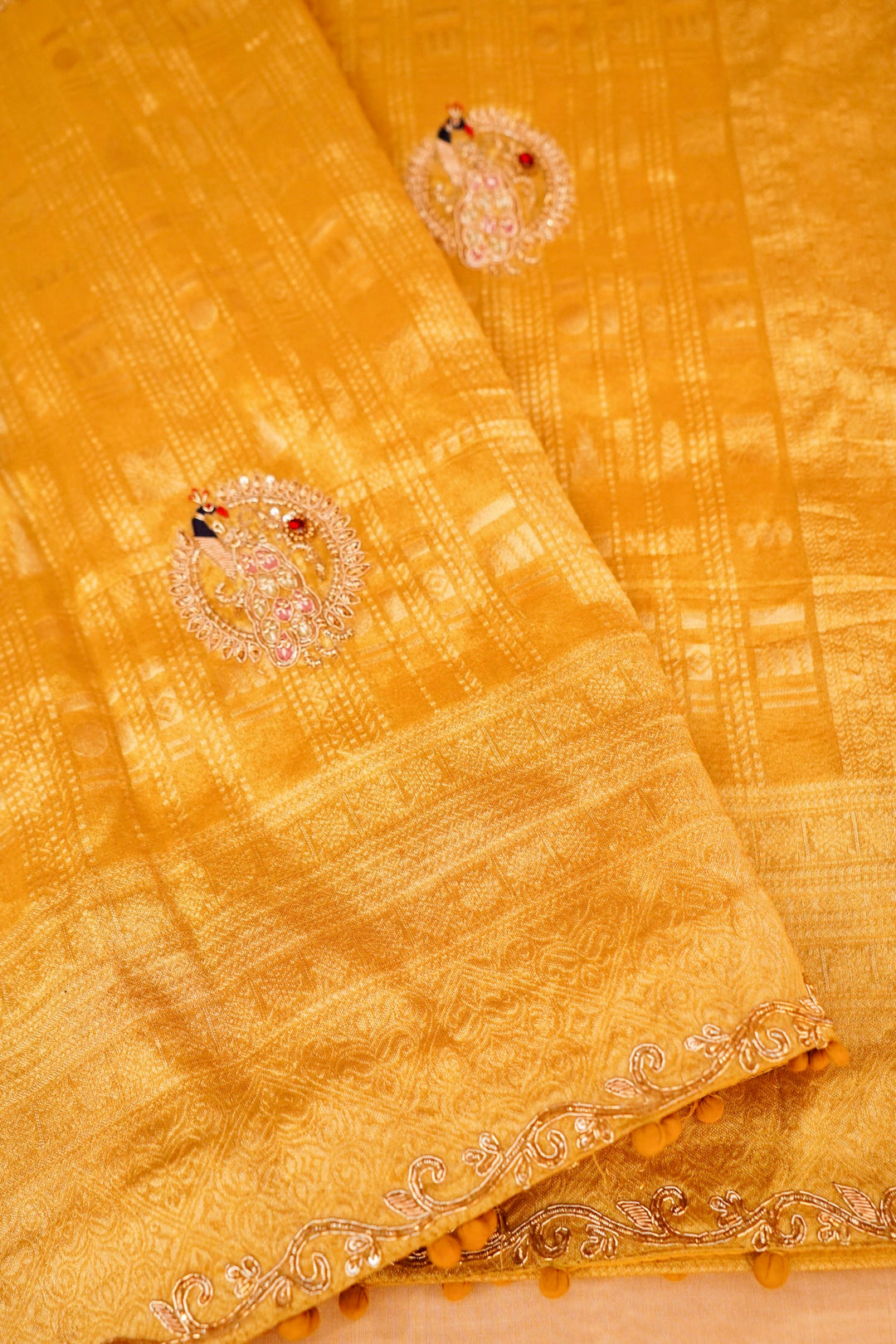 Golden Pure Tissue Saree with Meenakari Zardozi Embroidery