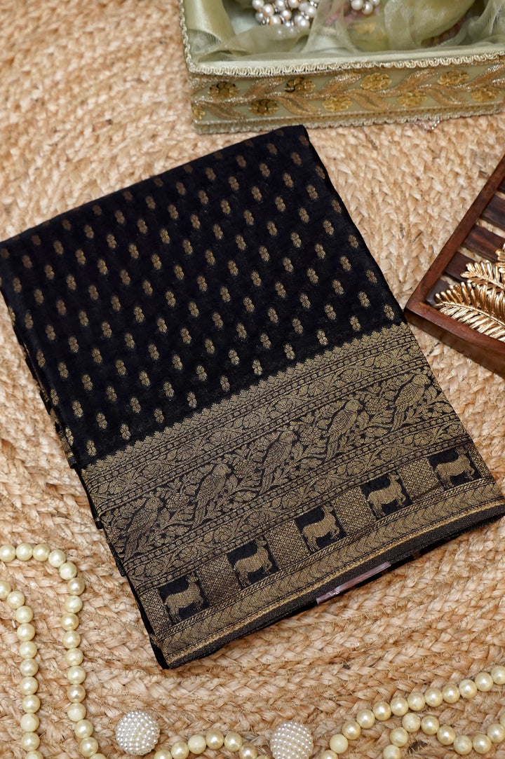 Regal Black Banarasi Chinon Georgette Saree with Antique Zari Figure Motifs