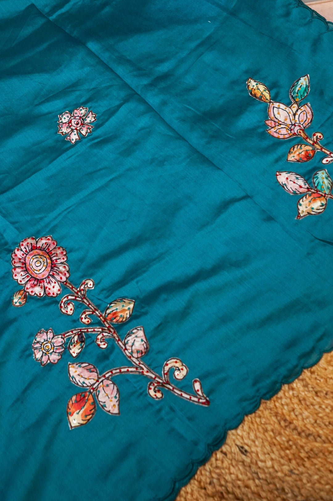Peacock Green Crepe Silk Suit Set with Appliqué and Kantha Embroidery Dupatta View 2
