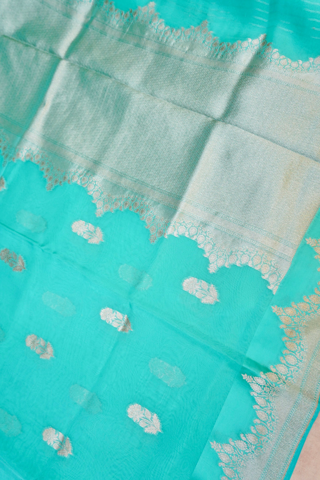 Aqua Blue Banarasi Kora Silk Saree with Zari Woven Laheriya Border