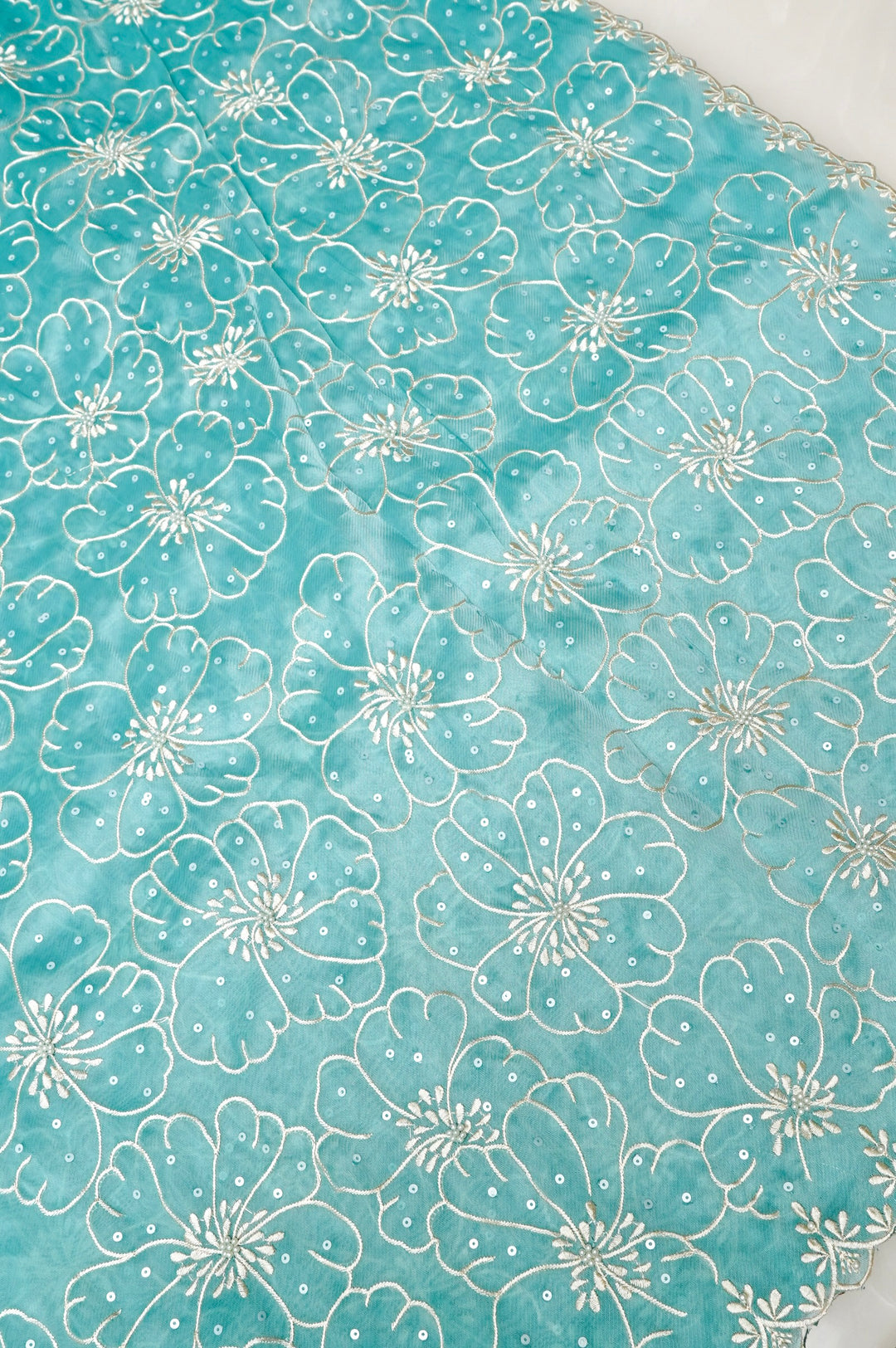 Aqua Blue Organza Tissue Saree with Resham & Pearl Embroidery with Tissue Blouse