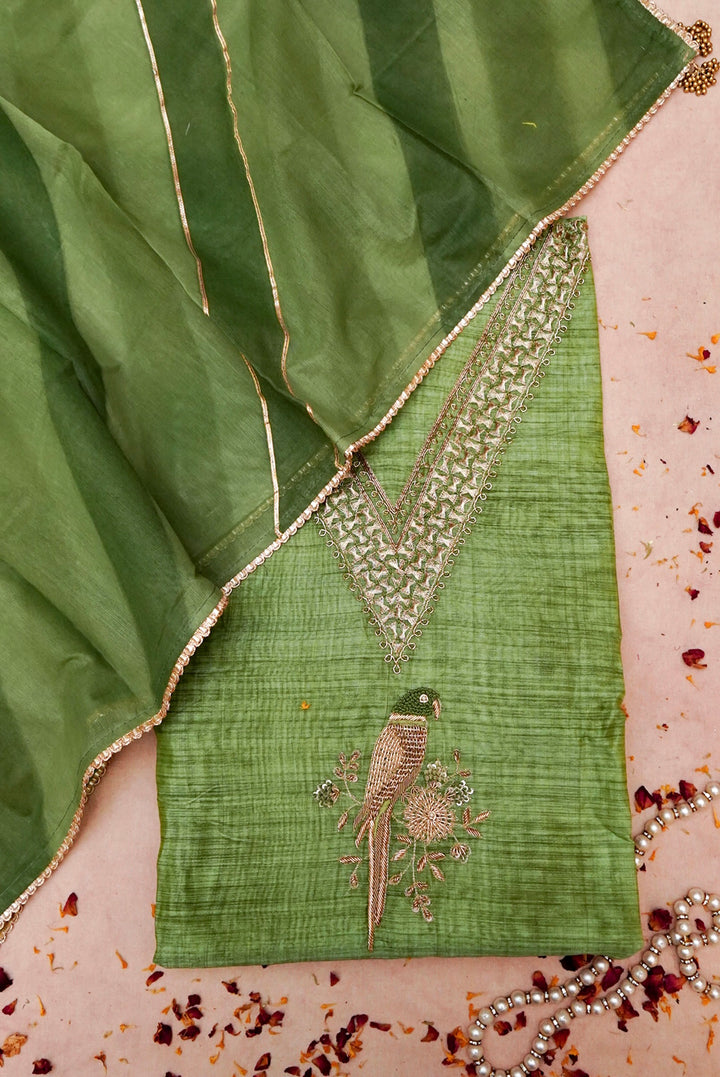 Green Chanderi Silk Suit with Zardozi Embroidery and Gotta Lace Work Dupatta