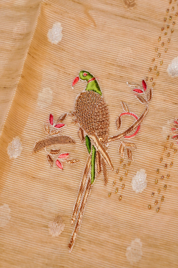 Beige Gold Pure Chanderi Silk Suit with Red Contrast Dupatta