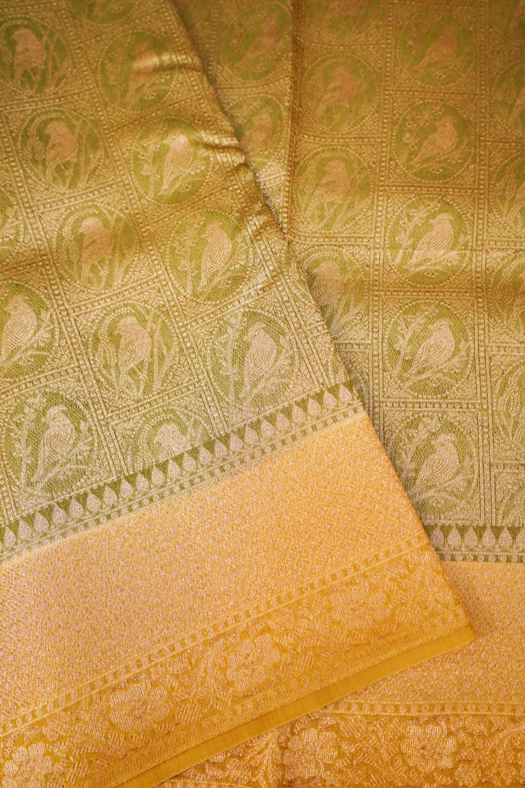 Handwoven Banarasi Pure Olive Green Chanderi Silk Saree with Yellow Contrast Border