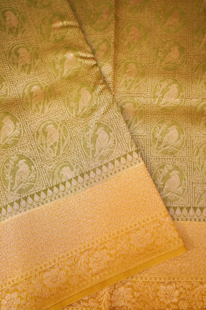 Handwoven Banarasi Pure Olive Green Chanderi Silk Saree with Yellow Contrast Border