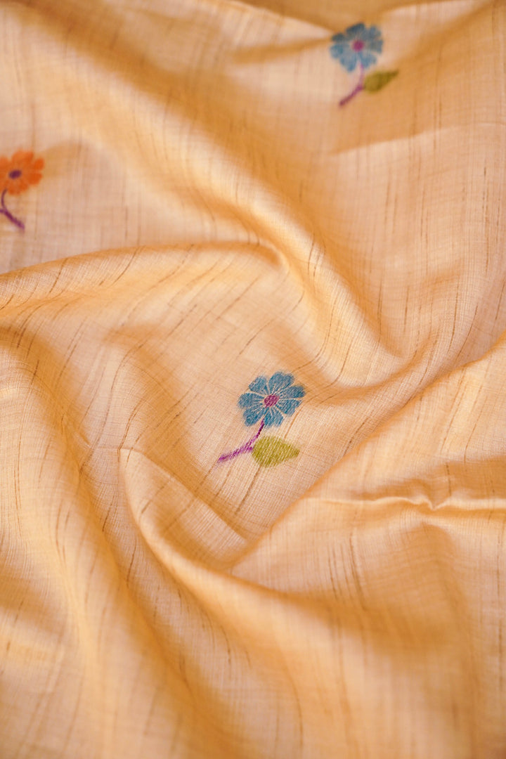 Cream Tussar Silk Saree with Meenakari Bootidar &amp; Purple Peacock Motif Pallu