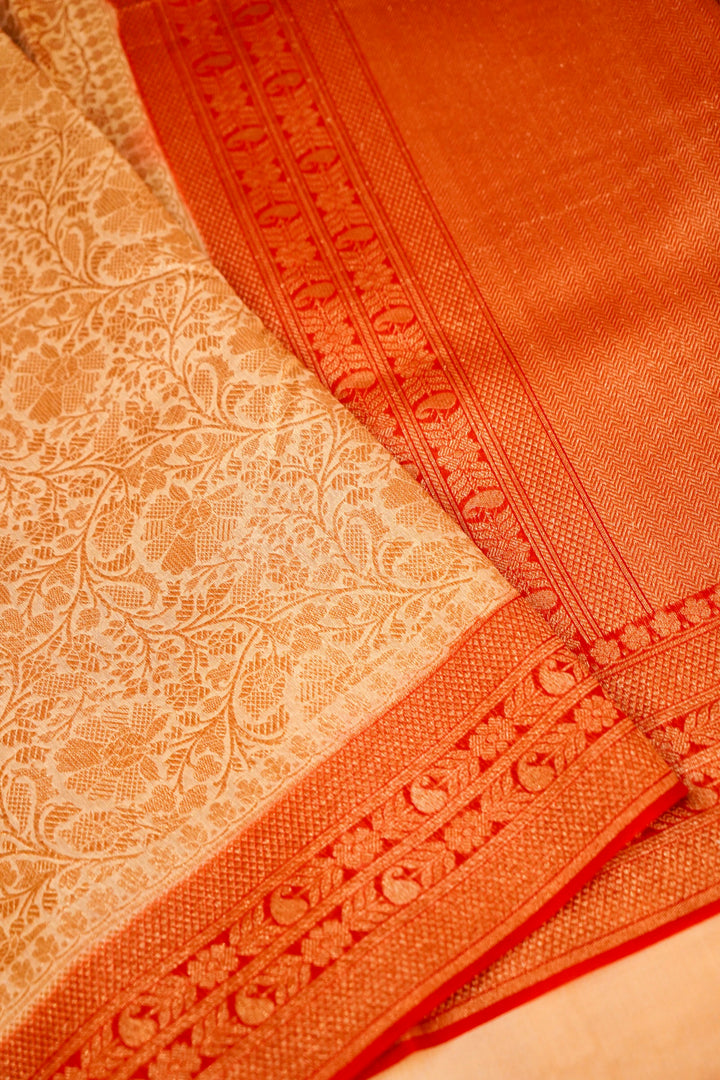 Handwoven Banarasi Pure Cream Chanderi Silk Saree with Red Contrast Border