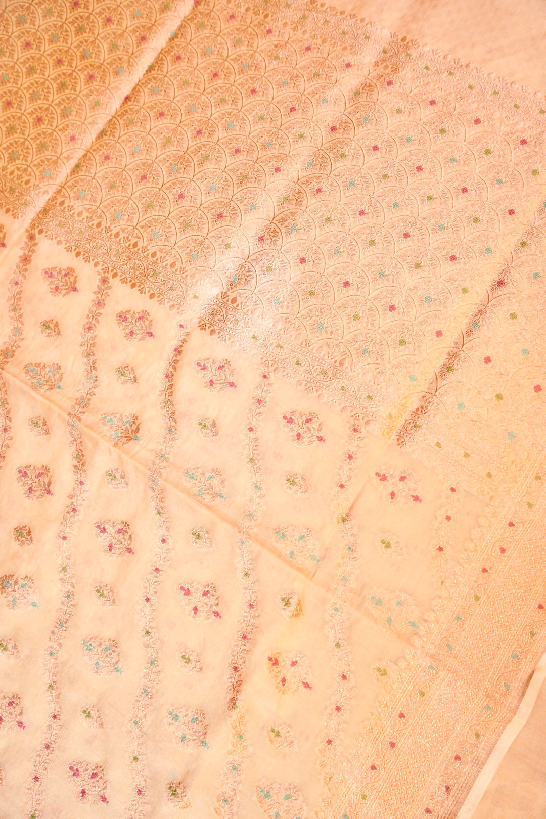 Cream Handloom Pure Katan Tissue Saree with Meenakari Leheriya Weave