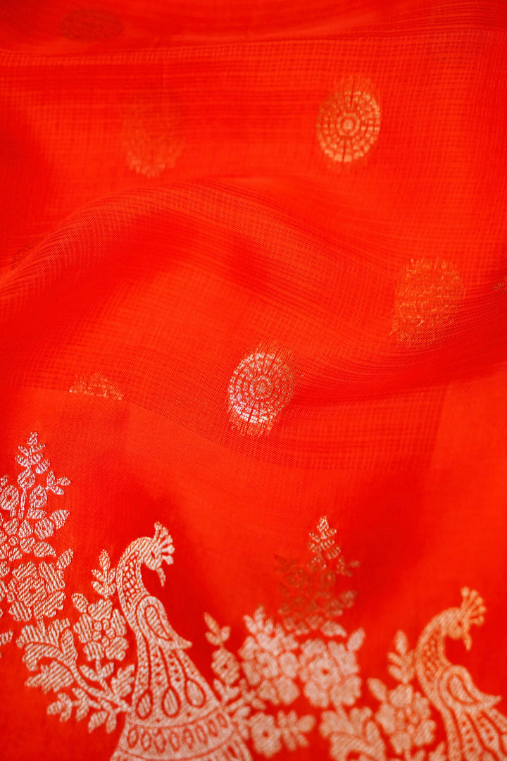 Orange Kota Check Saree with Sona Rupa Zari Work Silk Motif Border