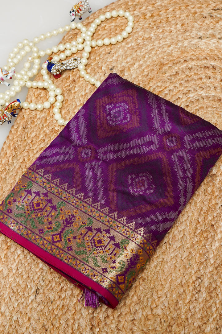 Dark Purple Soft Silk Ikat Inspired Saree with Golden Zari Heavy Border & Pallu
