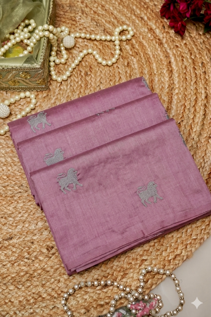 Regal Handwoven Banarasi Pure Mauve Puna Silk Saree with Zari Lion Motif
