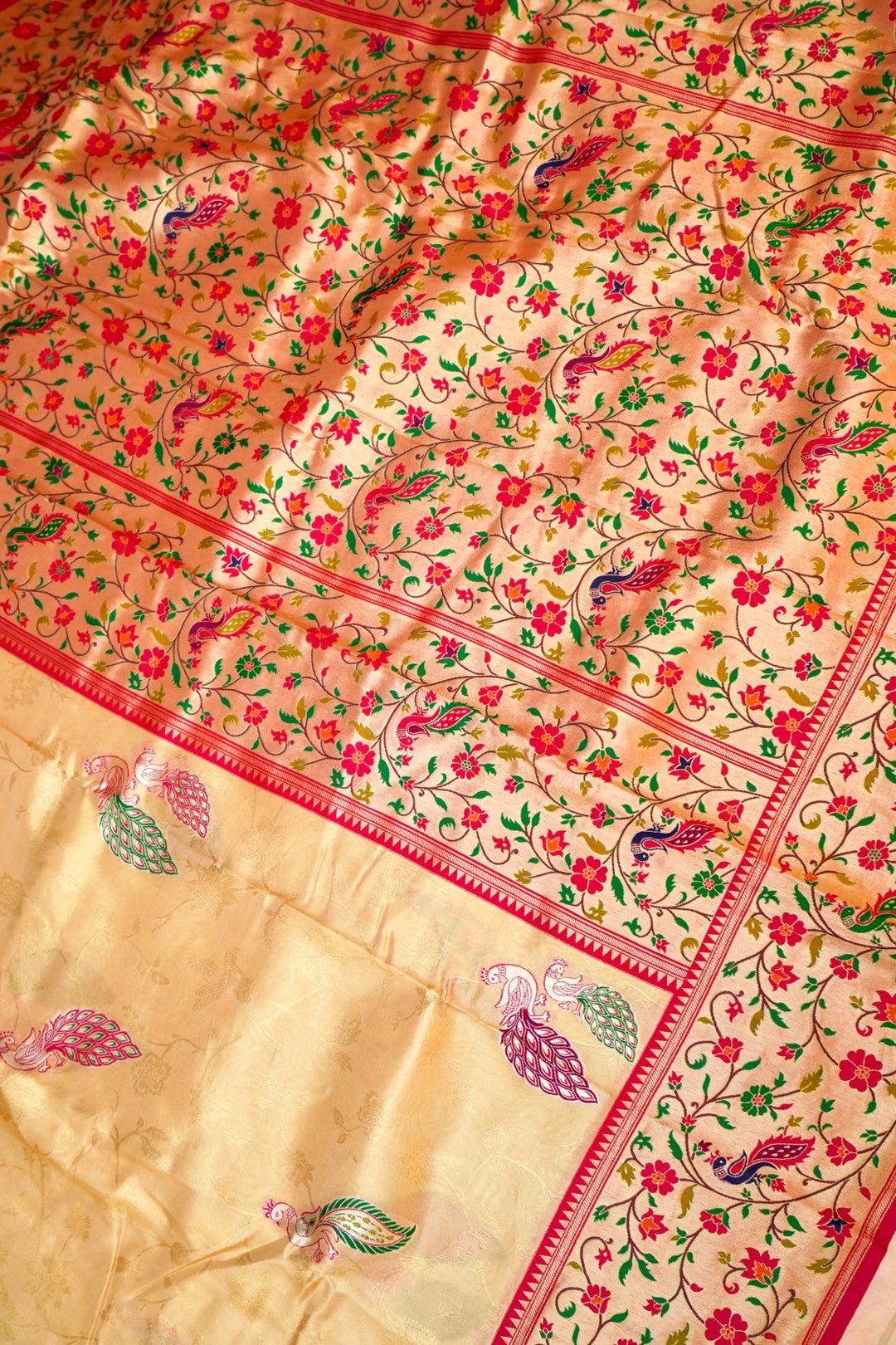 Beige Gold Silk Tissue Saree with Figure Motif Paithani Border