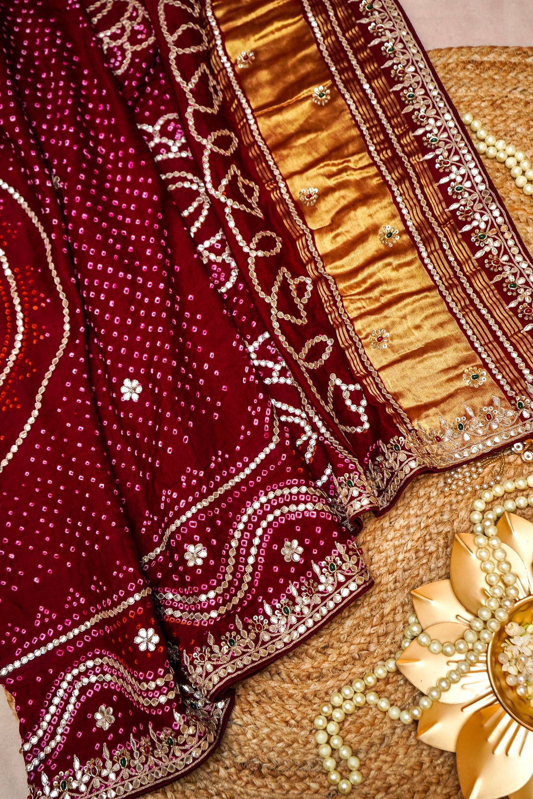 Maroon Rajgharana Gota Patti and Kundan Embroidery Pure Gajji Gharchola Dupatta View 1