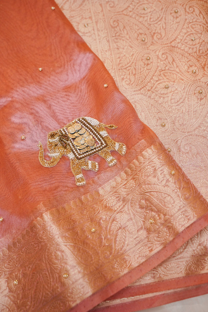 Maharani Tissue Silk Elephant Motif Hand Embroidery Saree
