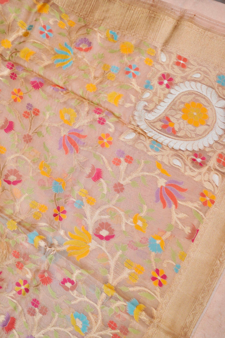 Timeless Grace Cream Kora Silk Saree with Tilfi Zari & Meenakari Jaal Weave