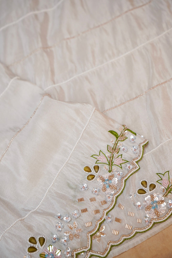 Silver Enchanted Pure Crepe Tissue Saree with Cape Blouse View 3