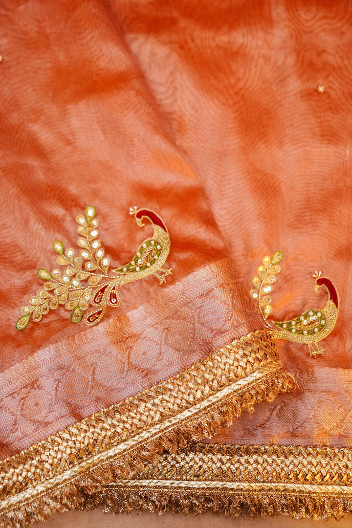 Copper Gold Tissue Silk Saree with Exquisite Peacock Motif Embroidery