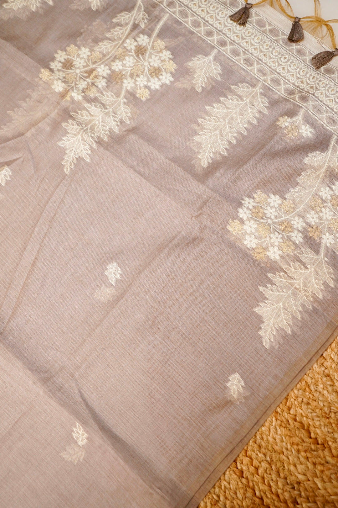 Off White &amp; Mauve Floral Woven Unstitched Suit Set