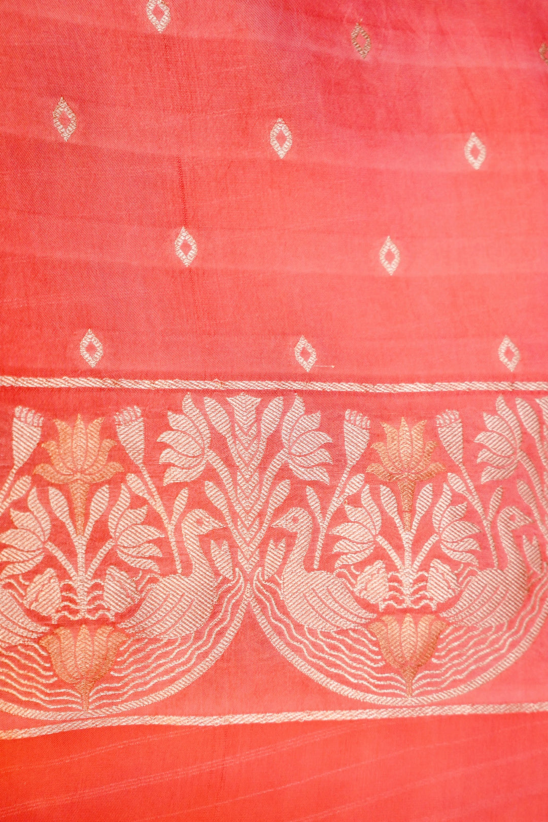 Elegant Peach Sonaroopa Muslin Organza Birds Motif Saree