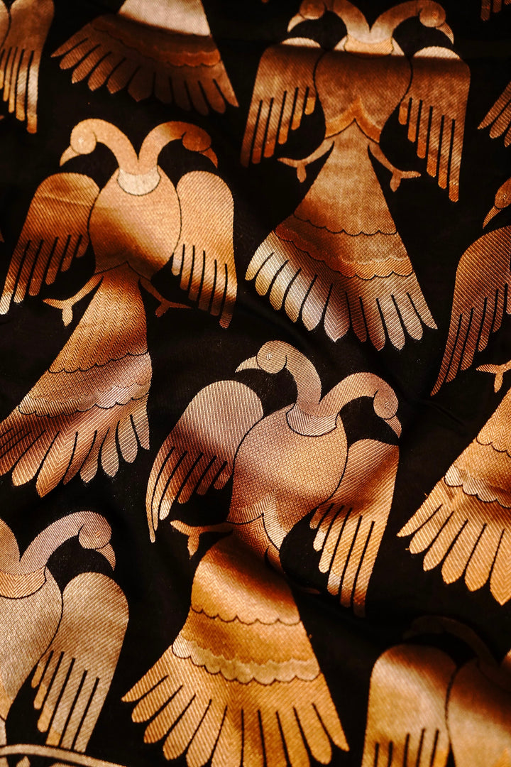 Opulent Black Nita Ambani Inspired Munga Crepe Birds Motif Cocktail Saree Collection