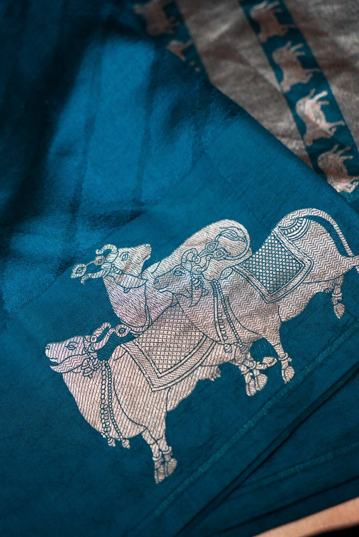 Banarasi Peacock Blue Pure Katan Silk Nandi Motifs Saree