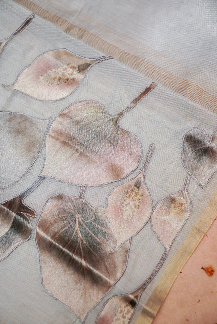 Grey Pure Chanderi Tissue Suit with Appliqué Work