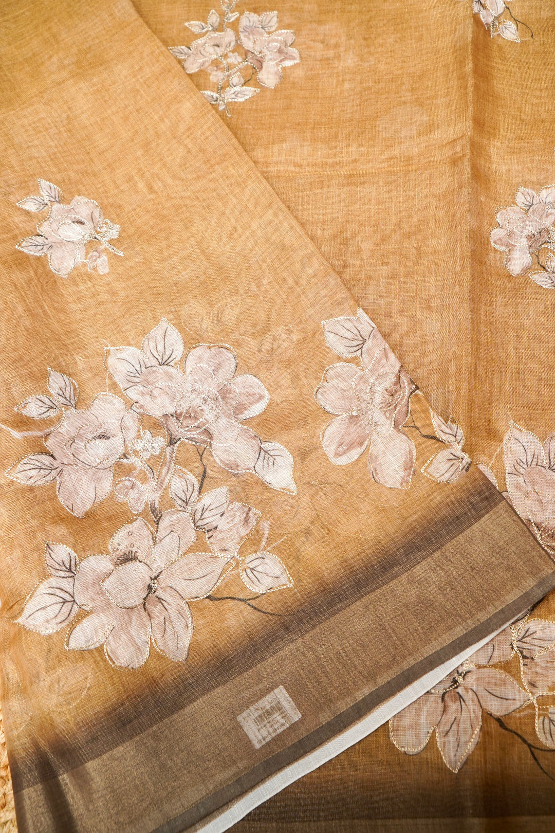 Beige Chanderi Tissue Saree with Aari Taari Embroidery Work