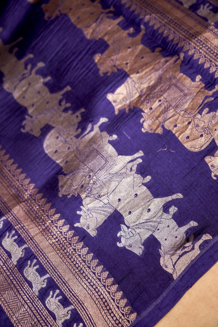 Navy Blue Elegance Banarasi Handloom Pure Tanchoi Saree Pallu