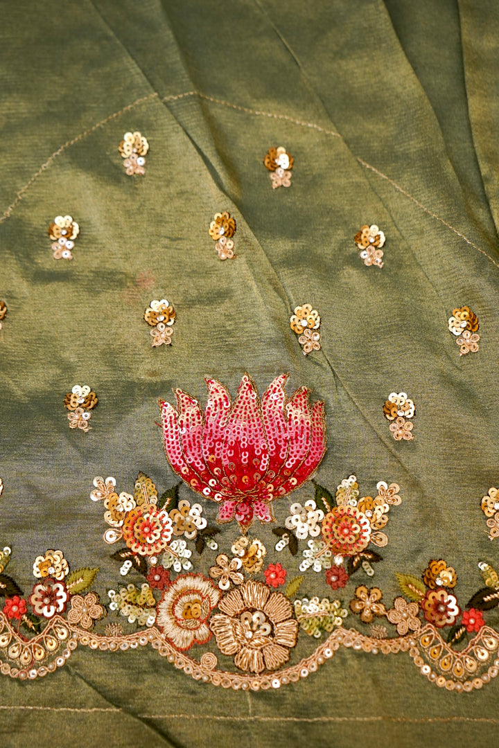 Sage Green Designer Tissue Silk Saree with Pichwai Lotus Embroidery View 7