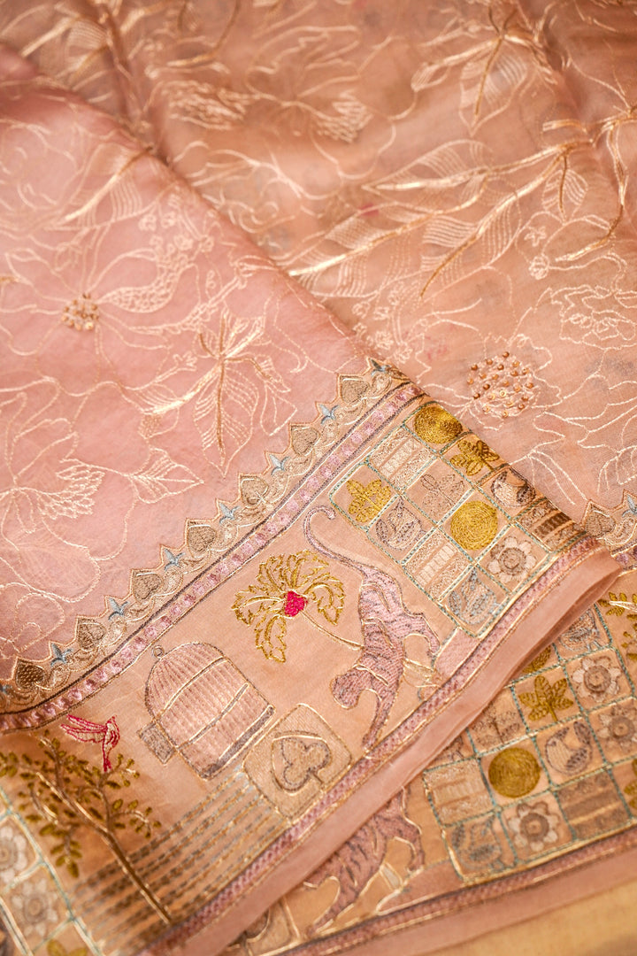 Designer Baby Pink Resham Pitta Zari Embroidery Pure Organza Saree View 3