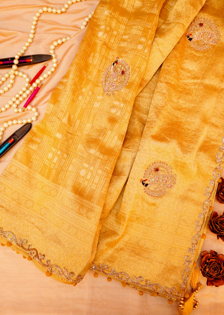 Golden Pure Tissue Saree with Meenakari Zardozi Embroidery