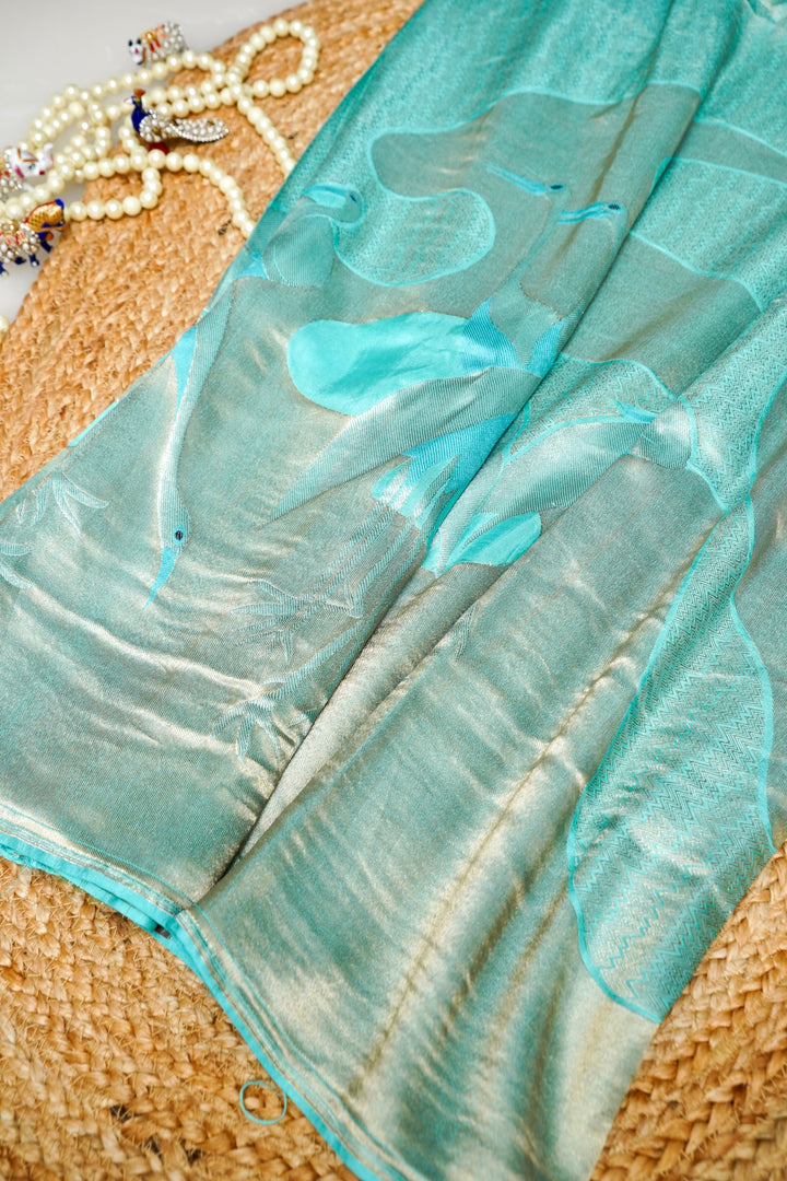 Aqua Green Pure Mashru Saree with Contemporary Design Patterns