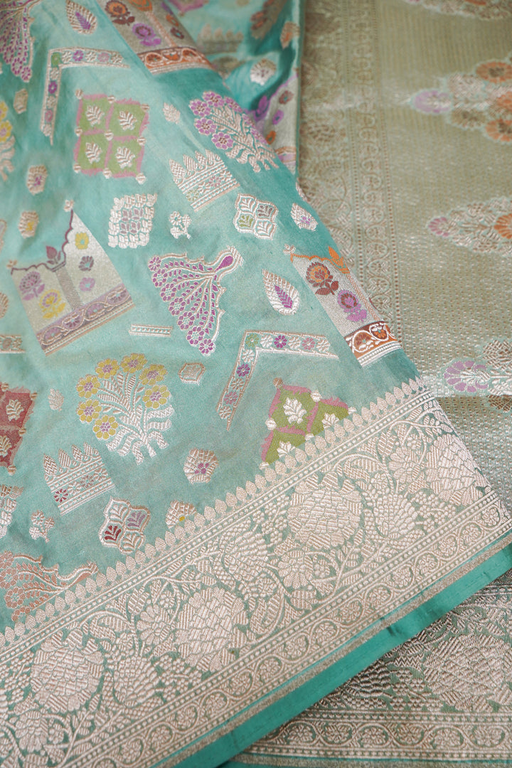 Handwoven Sea Green Pure Tissue Katan Silk Meenakari Jaal Saree