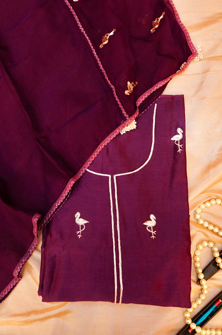 Wine Pure Chanderi Silk Suit Set with Pearl Work Birds Motif