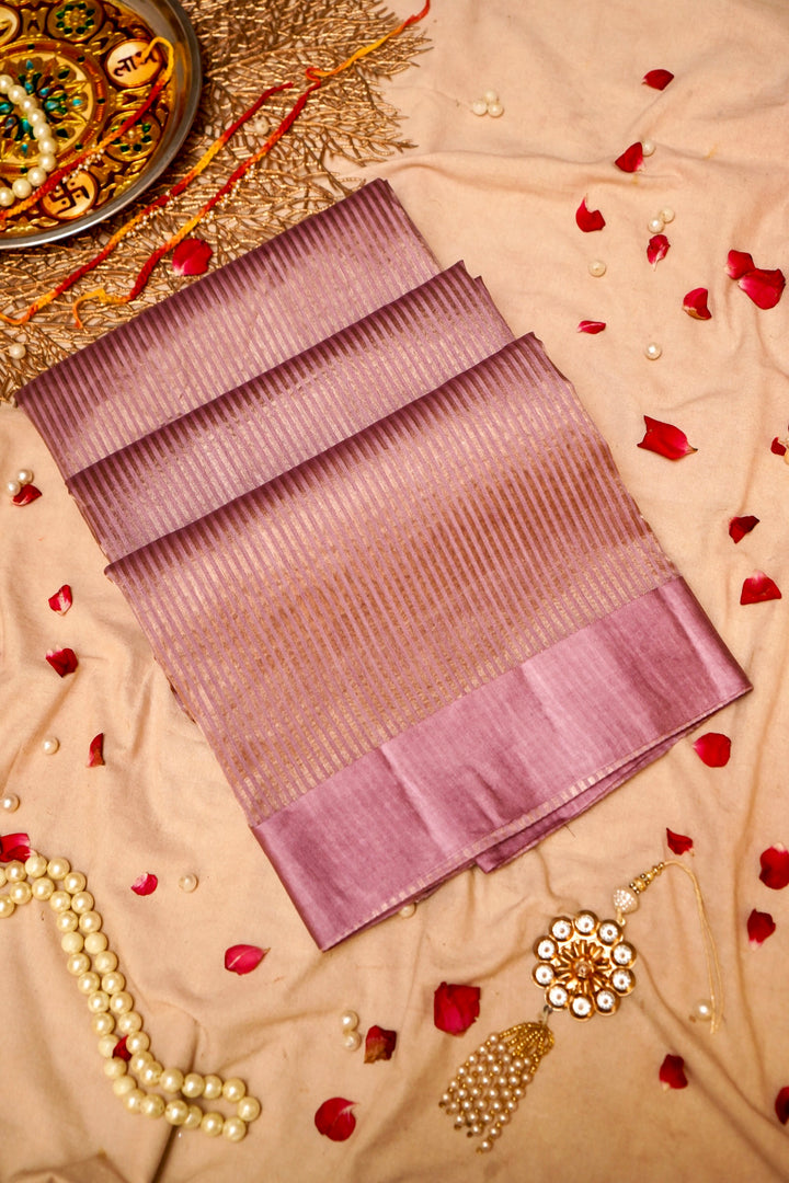 Mauve Pink Stripe Luxe Banarasi Tissue Silk Saree View 1