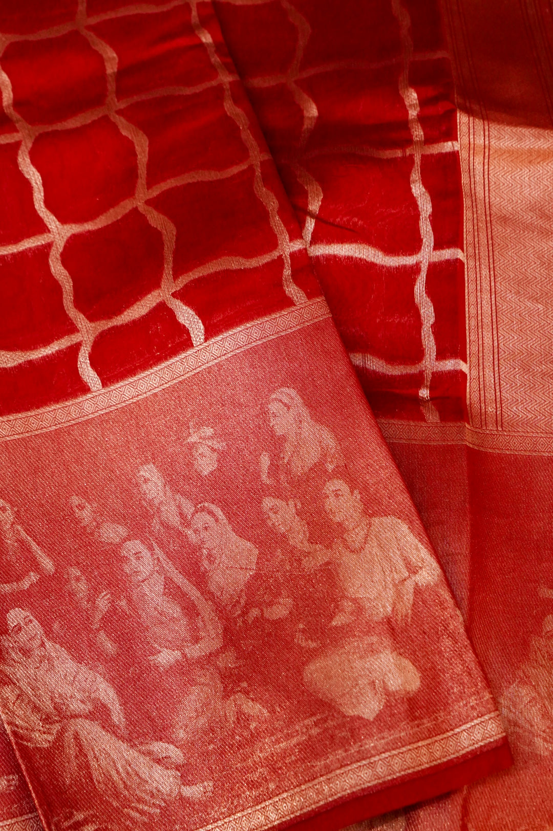 Crimson Royalty – Red Banarasi Silk Saree with Cross-Check Zari Weave