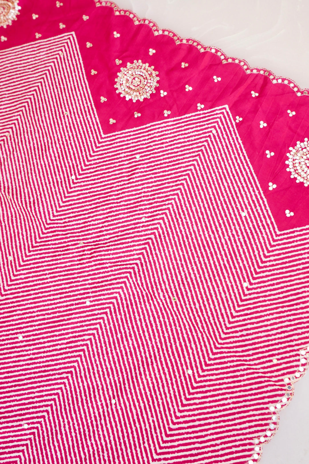 Pink Crepe Silk Saree with Geometric Print &amp; Mirror Work