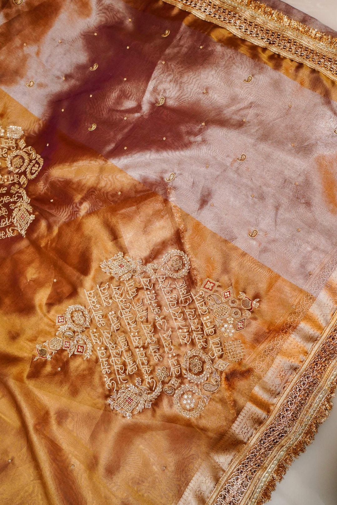 Copper Brown Banarasi Maharani Tissue Silk Saree with Gayatri Mantra Pallu & Scallop Border