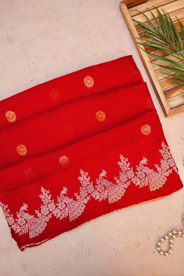 Red Bridal Kota Check Saree with Figure Motif Silk Border