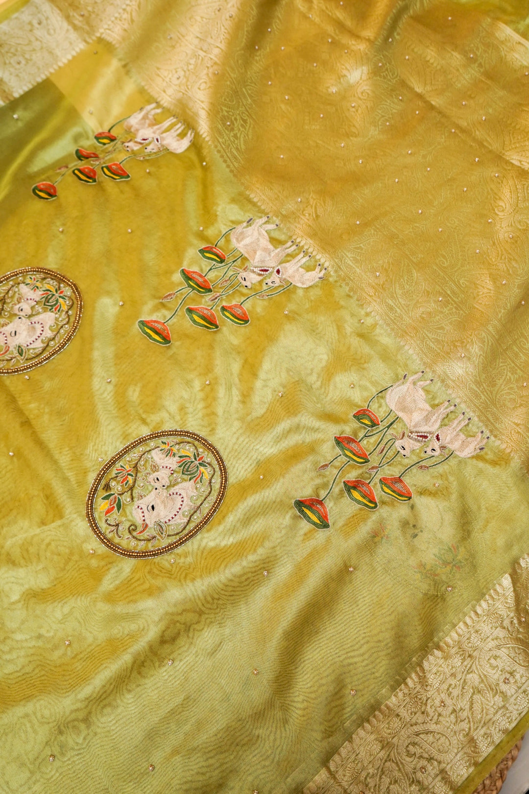 Maharani Tissue Silk Pichwai Pichwai Motif Saree in Mint Green Hue