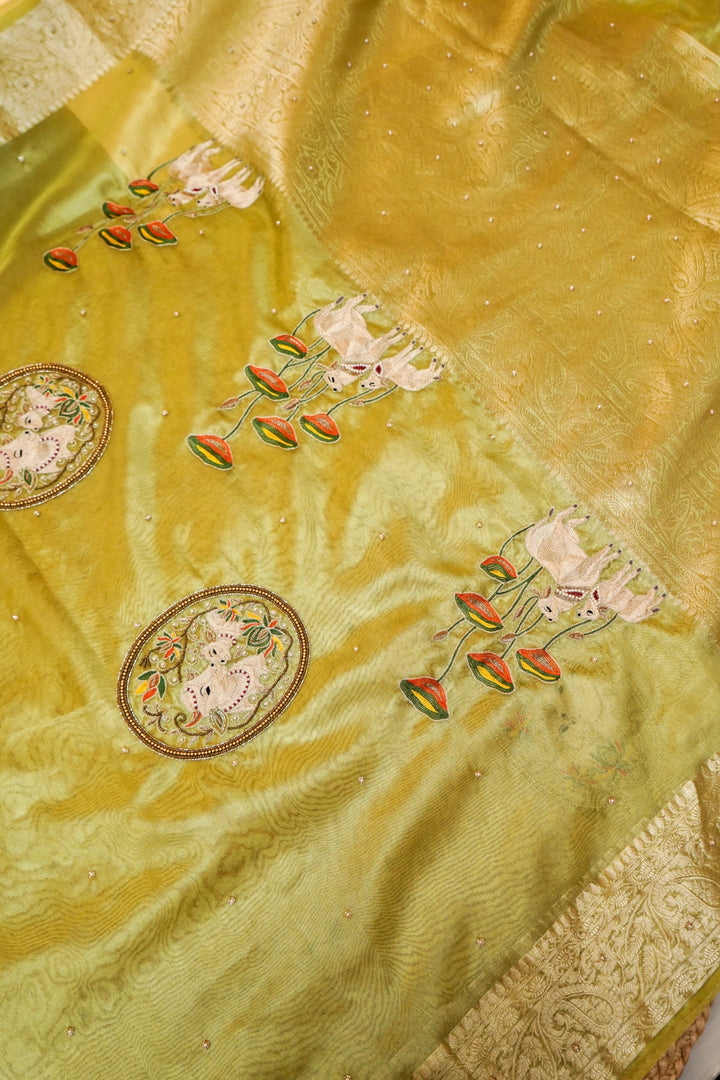 Maharani Tissue Silk Pichwai Pichwai Motif Saree in Mint Green Hue