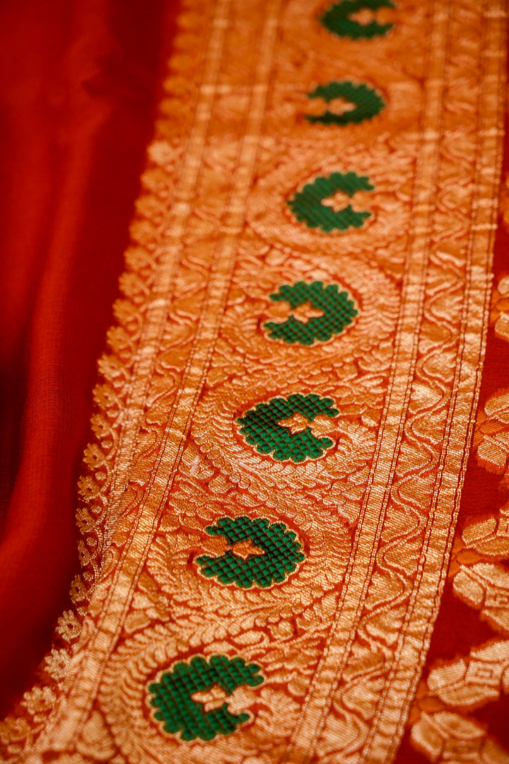 Red Banarasi Khaddi Chiffon Meenakari Border and Pallu Saree View 6