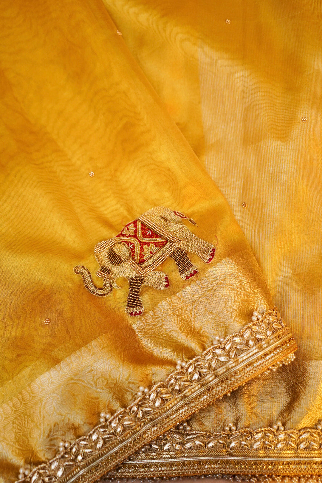 Golden Maharani Tissue Silk Saree with Gajanand Motif Embroidery